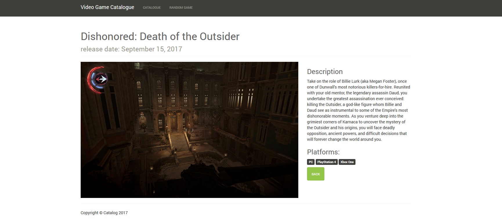 Screenshot of one of the video game entries.