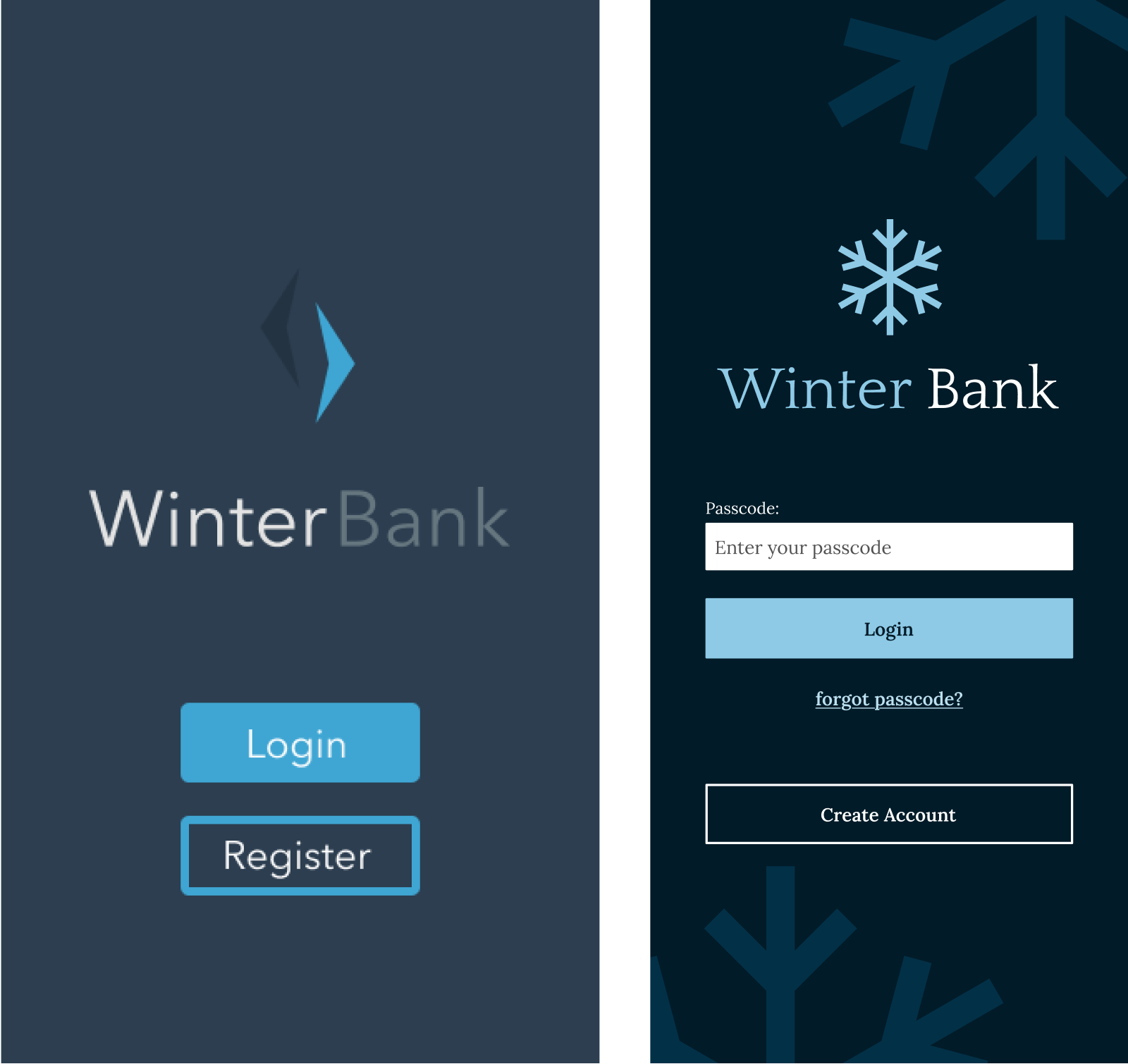 Winter Bank landing screens